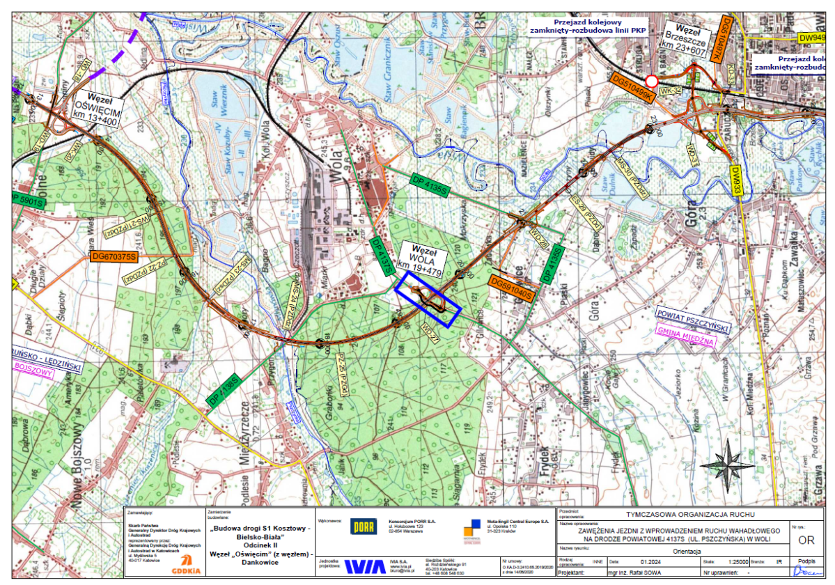 mapa przedstawiająca odcinek, gdzie zostanie wprowadzona tymczasowa organizacja ruchu