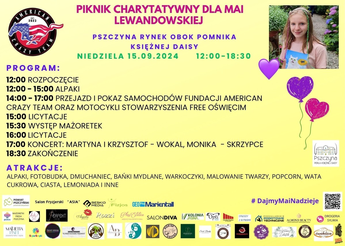Plakat informujący o wydarzeniu. Na żółtym tle grafiki oraz program