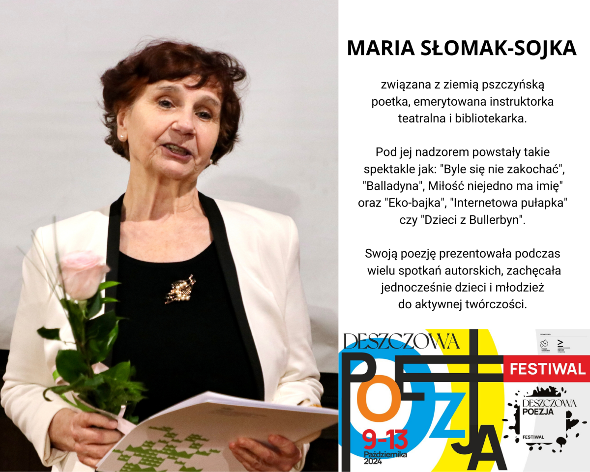Poetka w eleganckim ubiorze, w ręce trzyma teczkę. Obok grafika z opisem poetki, treść w tekście.