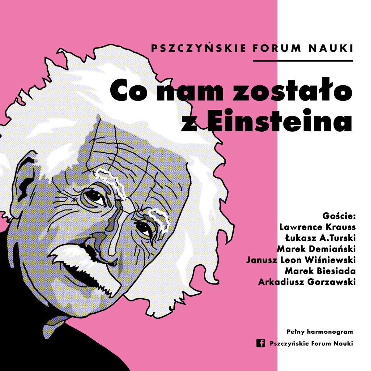 Grafika przedstawiająca kontury Einsteina na różowym tle. Po jednej stronie informacje na temat gości biorących udział w wydarzeniu.