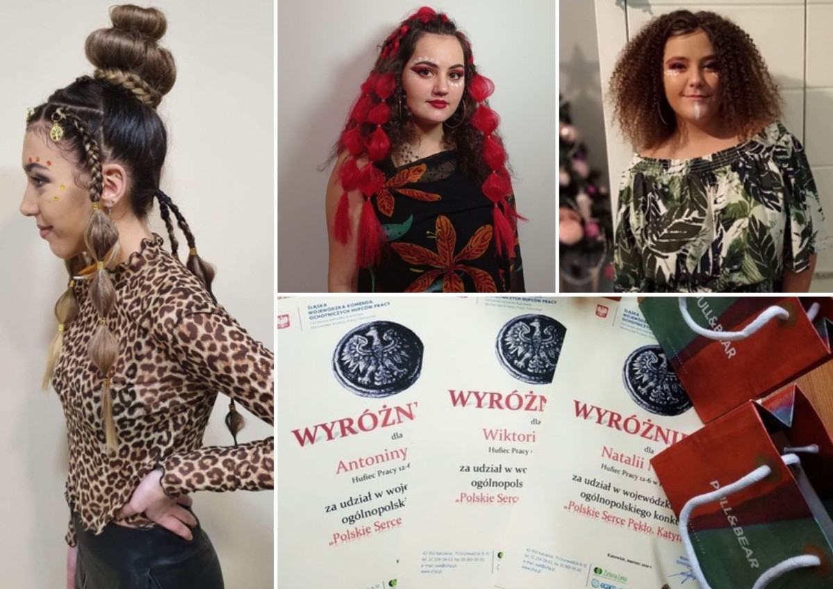 Kolaż czterech zdjęć. Na trzech z nich modelki w różnych fryzurach i kolorowych strojach. Na jednym zdjęciu dyplomy wraz z prezentami.