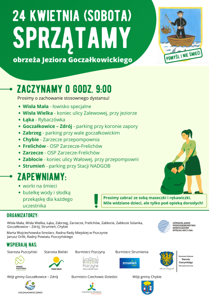 Biało-zielony plakat z informacjami na temat akcji sprzątania. Na samym dole loga jednostek wspierających akcję.