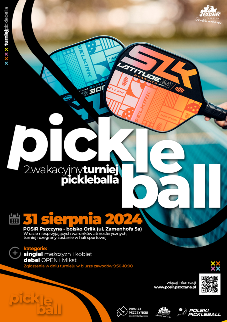 Plakat promujący turniej pickleballa, treść w tekście.