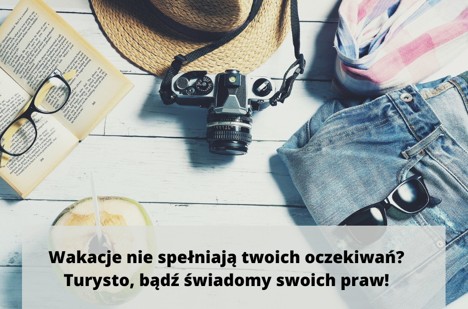 Grafika z wakacyjnymi elementami - aparatem, książką, kapeluszem i spodenkami oraz napisem o prawach turysty