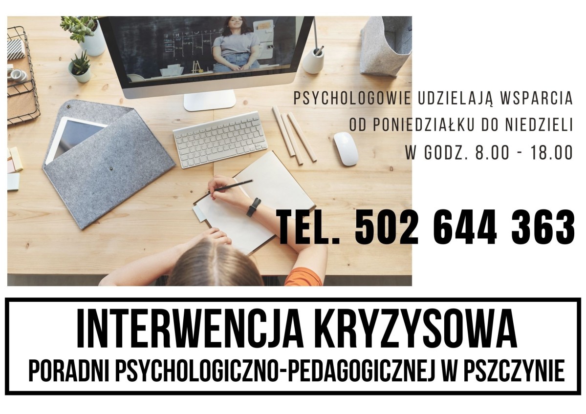Nauczanie zdalne, dziecko siedzi przed komputerem, trwa lekcja, obok napis interwencja kryzysowa Poradni Psychologiczno-Pedgogicznej w Pszczynie i numer telefonu.