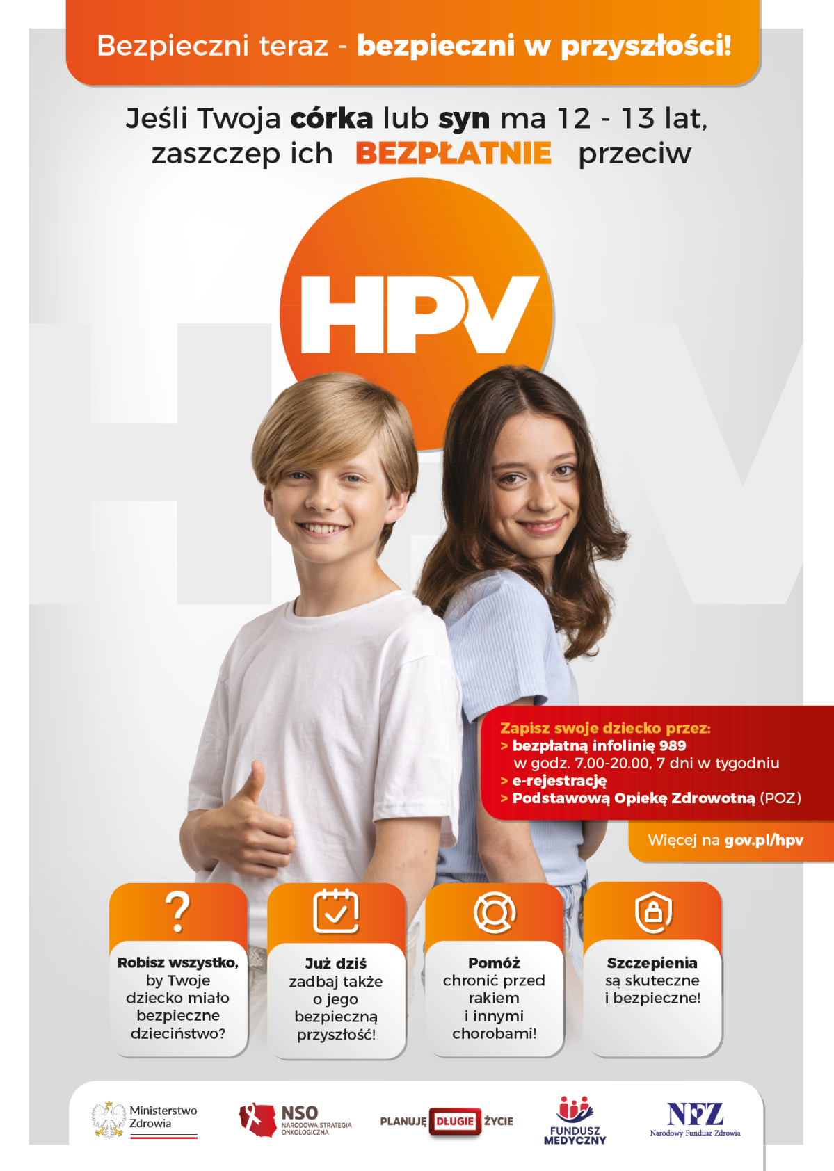 Plakat ze zdjęciem usmiechniętych nastoletnich chłopaka i dziewczyny oraz informacjami o programie szczepień.