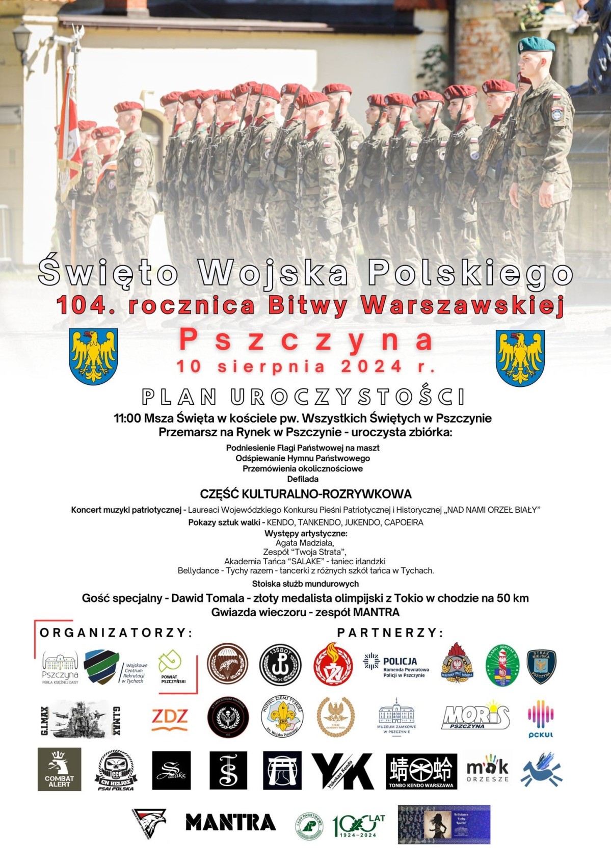 Plakat ze zdjęciem zołnierzy oraz planem uroczystości i logami organizatorów