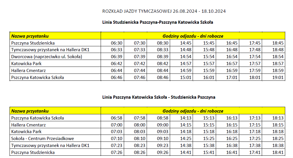 rozkład jazdy tymczasowej 26.08-18.10 na linii Studzienicka Pszczyna - Bieruńska